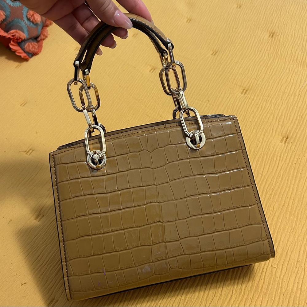 Michael Kors Cynthia Small Crocodile Embossed Leather Satchel - Pale Peanut - Picture 6 of 12